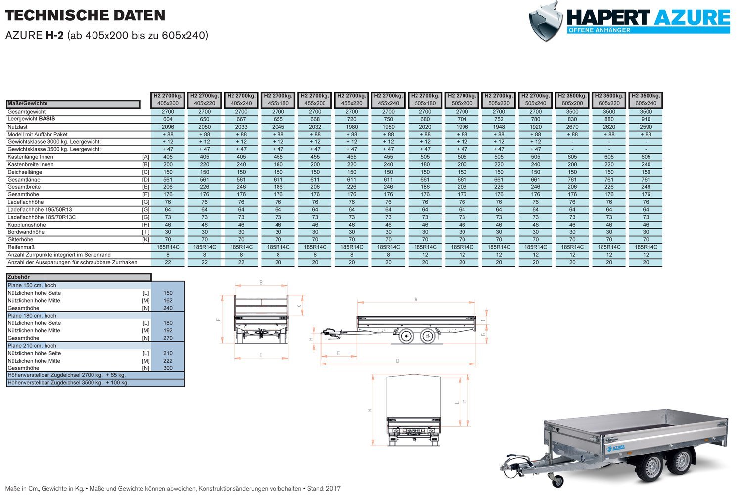 Remorque plateau Hapert Azure H-2 3500 5050 x 2000 à suspension parabolique et châssis bas